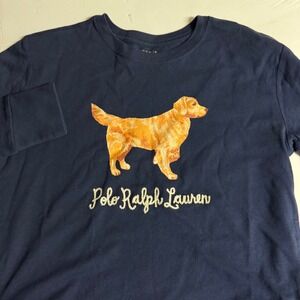 Polo Ralph Lauren Kids Blue Long Sleeve Golden Dog Graphic T Shirt Size M 8-10